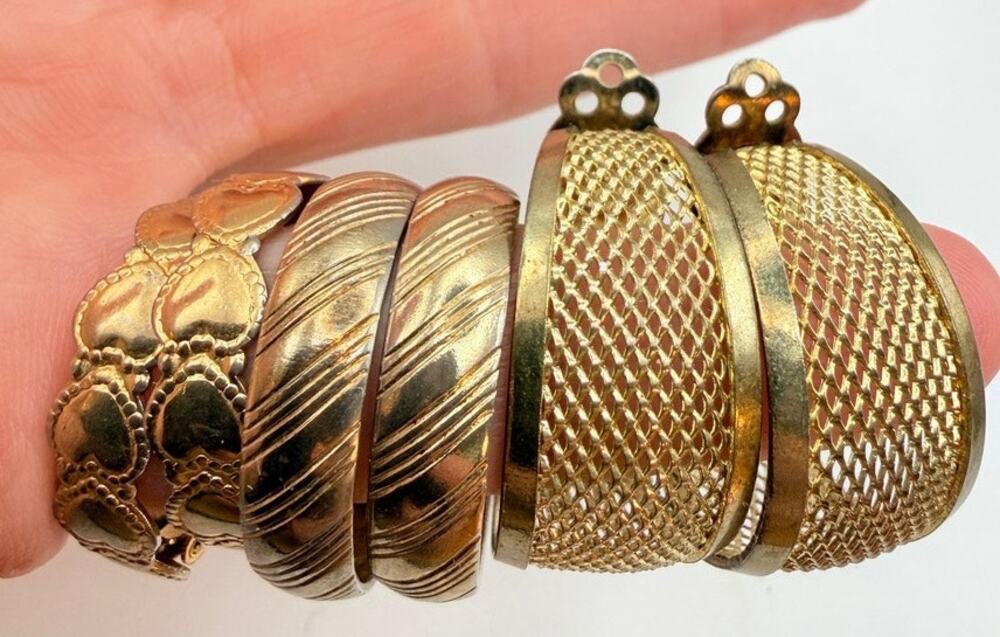 Lot of 3 Vintage Hoop Earrings MCM Mesh Heart Stripe Gold Tone